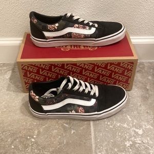 Black lace up checkered floral vans